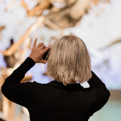 A highlight image for A person photographed from behind taking filming an exhibition installation on her phone